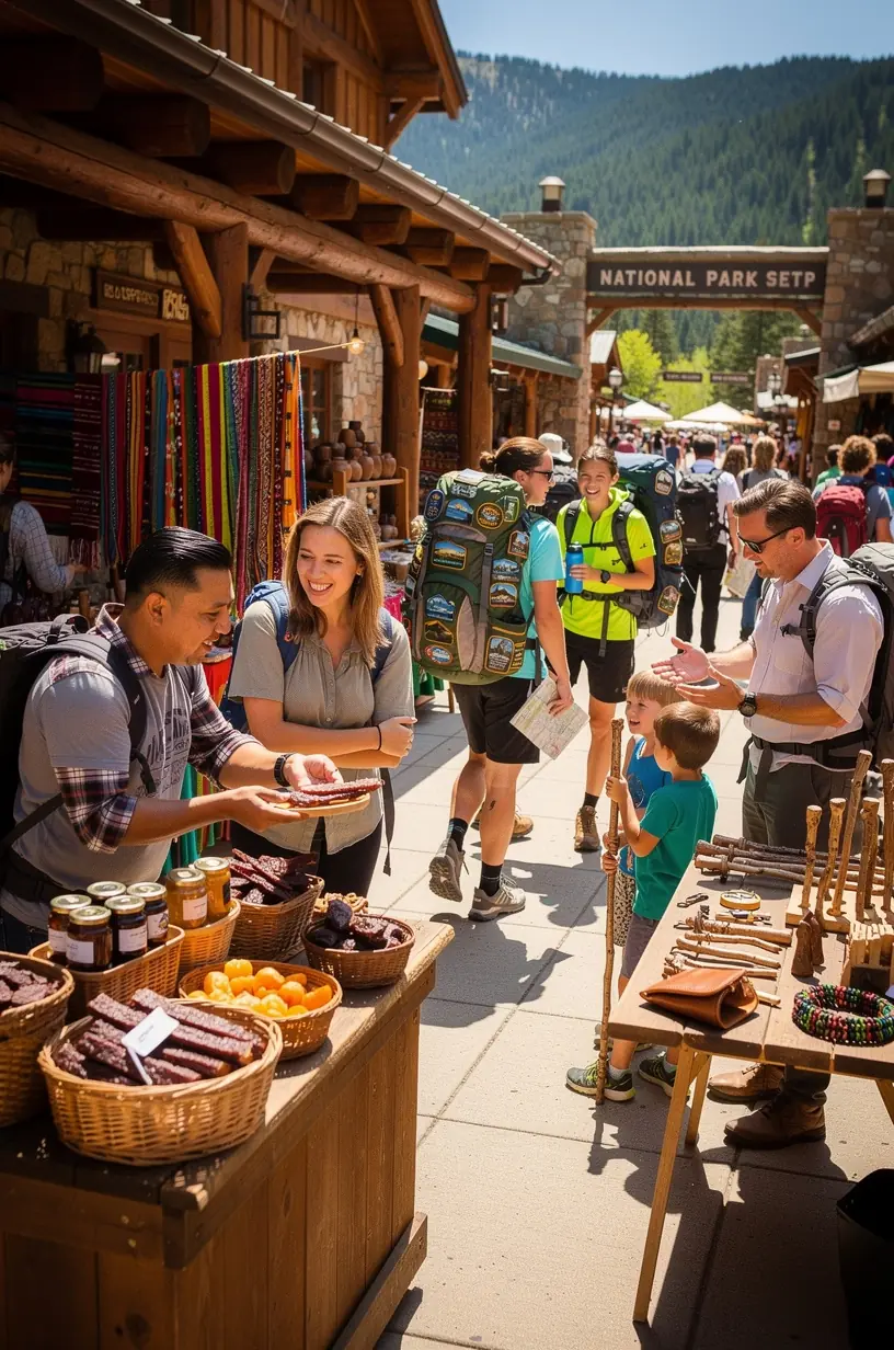 Современный шаттл для туристов прибывает на остановку у центра аренды туристического оборудования в национальном парке.